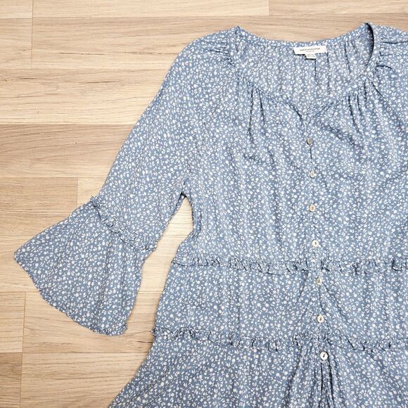 Beach Lunch Lounge Womens Blue Floral Tunic Blouse Ruffle Bell Sleeve XS - Picture 3 of 8